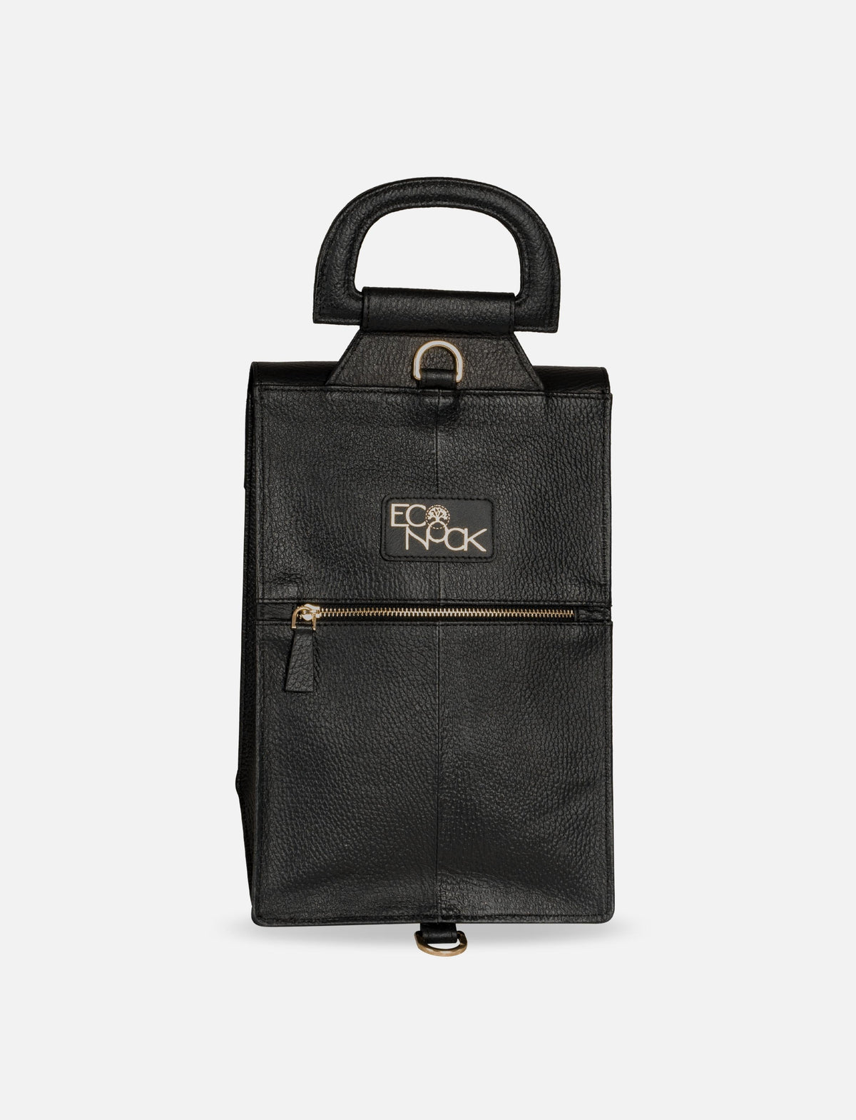 Black leather tote bag with gold zipper and ECO KNOCK logo on front