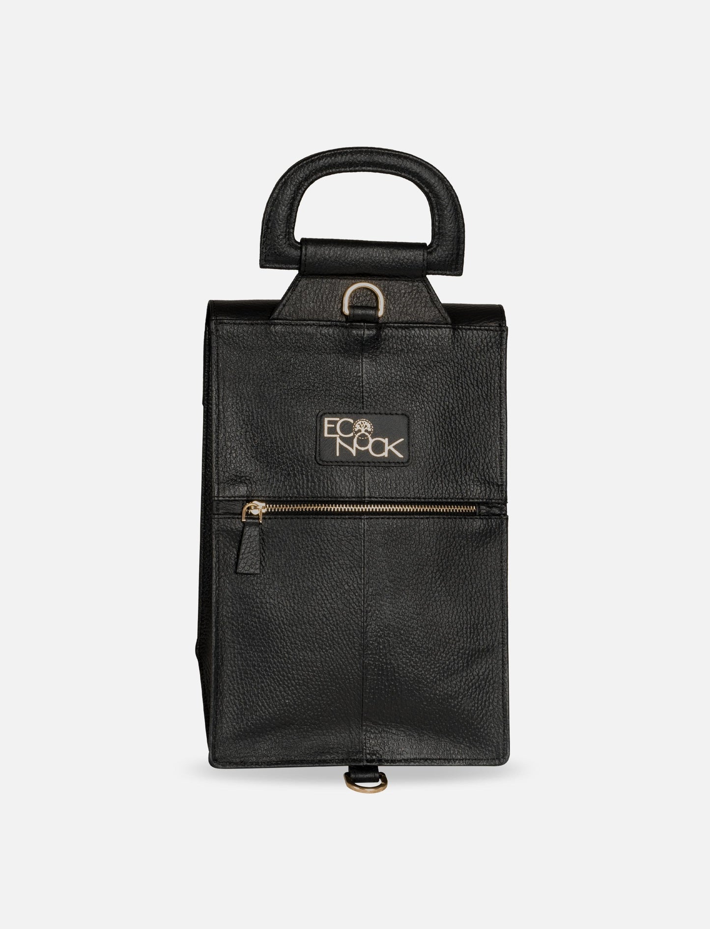 Black leather tote bag with gold zipper and ECO KNOCK logo on front