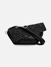 Black leather crossbody bag with textured woven flap and gold buckle detail