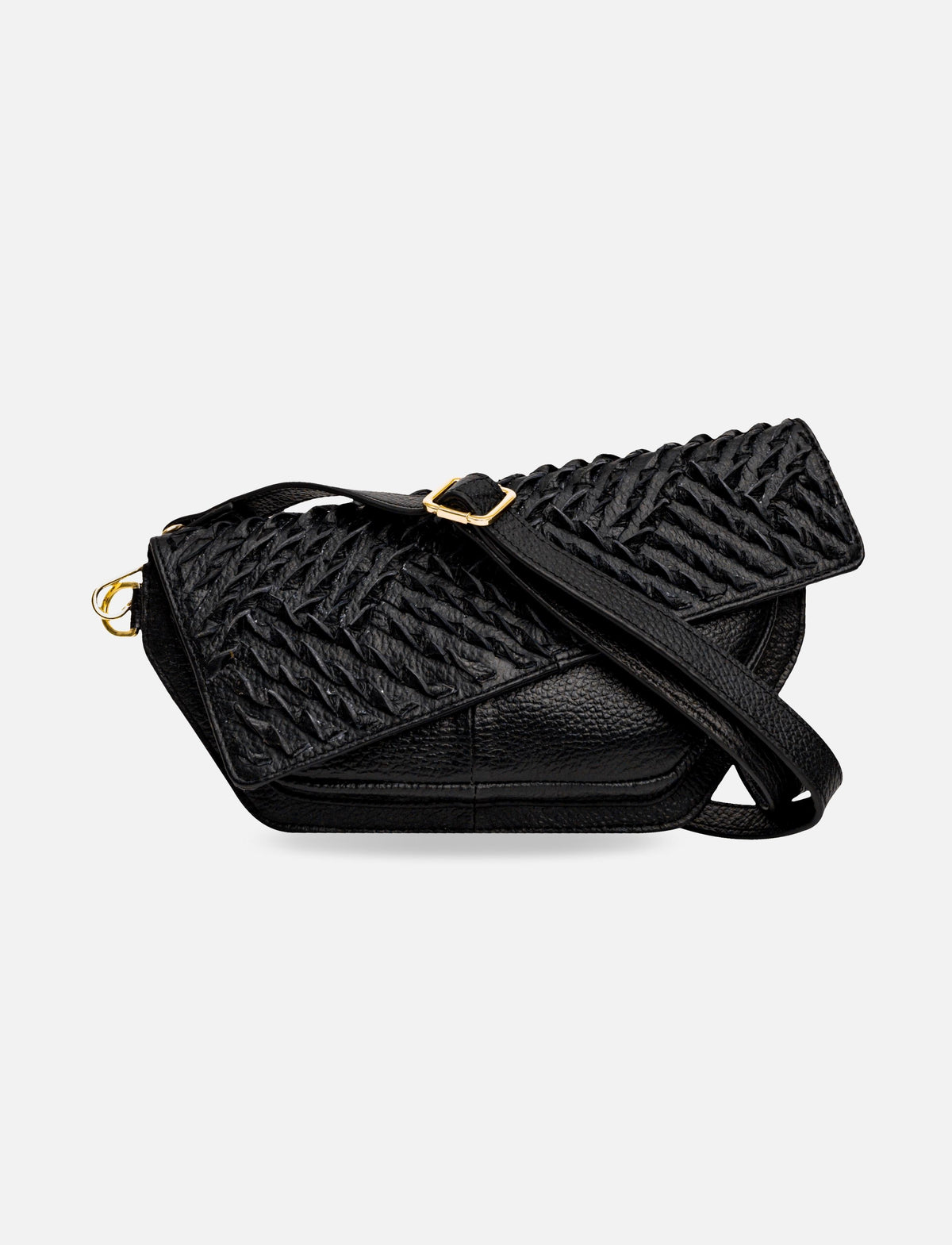 Black leather crossbody bag with textured woven flap and gold buckle detail