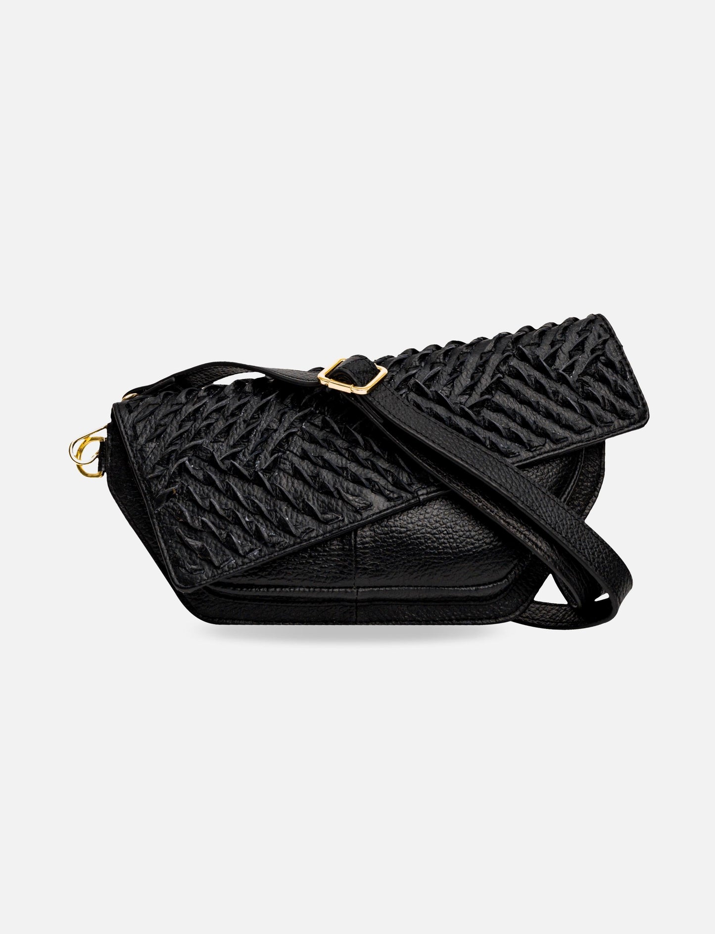 Black leather crossbody bag with textured woven flap and gold buckle detail