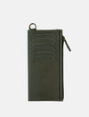 Timeless olive green leather crossbody with upcycled belt design, card slots, and zipper pouch