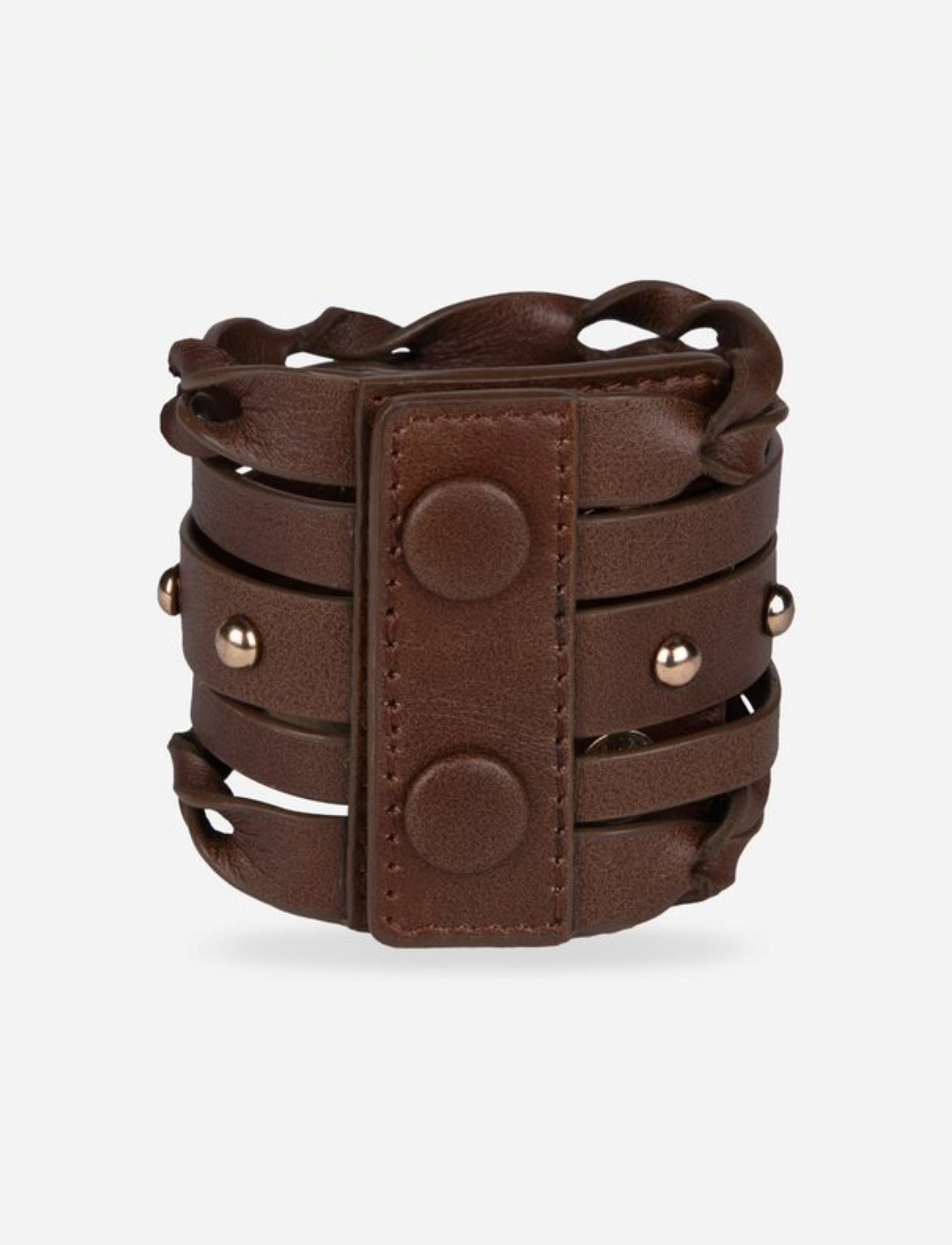 Brown braided leather cuff bracelet with vintage metal studs and snap button closure