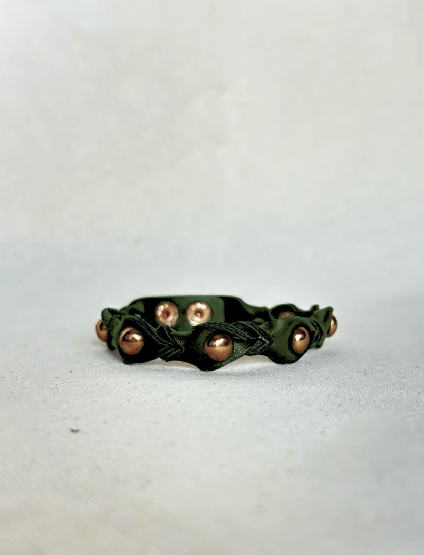 Timeless army olive vegan leather cuff bracelet with gold metallic beads, handcrafted unisex design