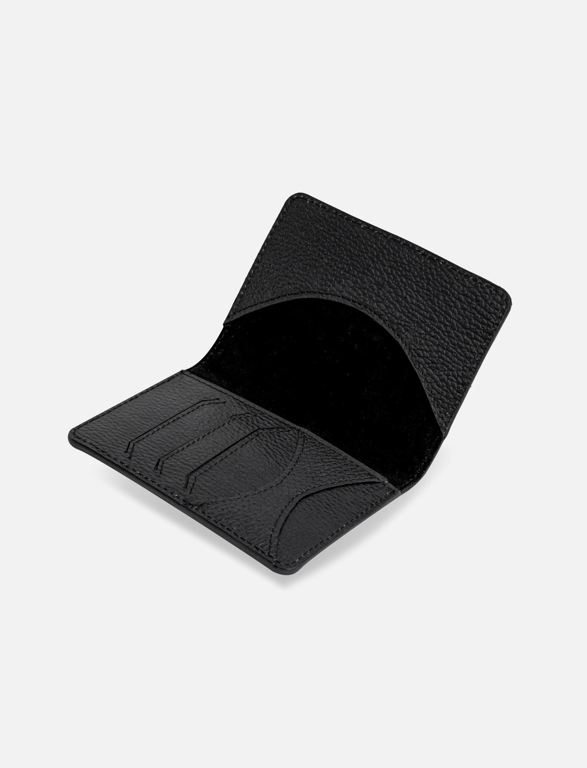 Open black textured leather card holder wallet with three card slots and curved inner pocket