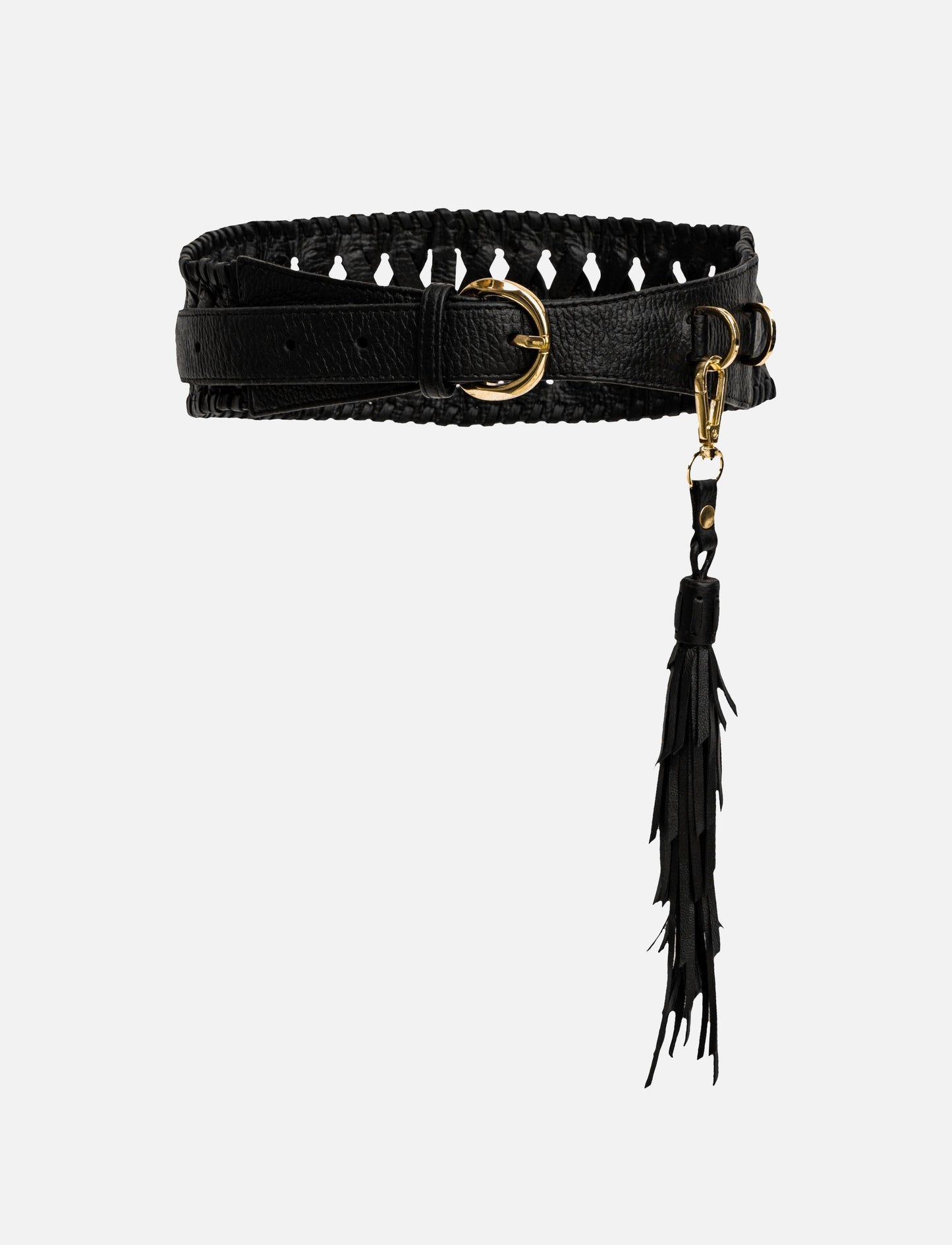 Black leather belt with braided edges, gold buckle, and long tassel accessory on plain background