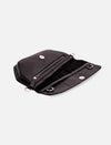 Open black leather clutch bag with zipper pocket and magnetic snap closure on white background