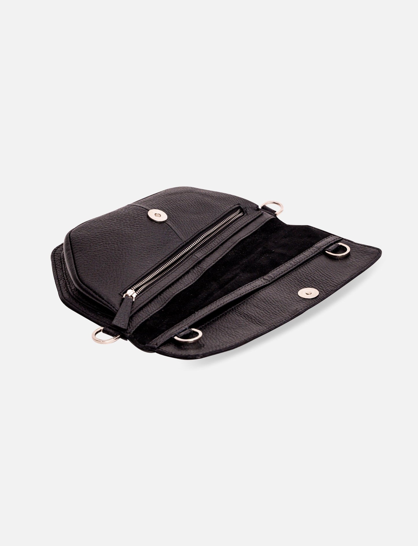 Open black leather clutch bag with zipper pocket and magnetic snap closure on white background
