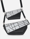 Two black leather crossbody bags with white geometric pattern flaps and adjustable straps
