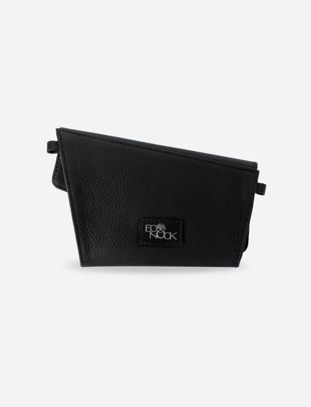 Black textured trifold leather wallet with EcoNook logo patch on front