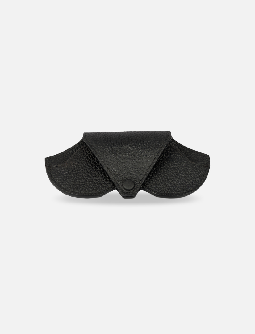 Black textured leather sunglasses case with flap and snap button closure on white background