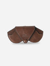 Brown leather FOOK NOOK pouch with flap and snap button closure against white background