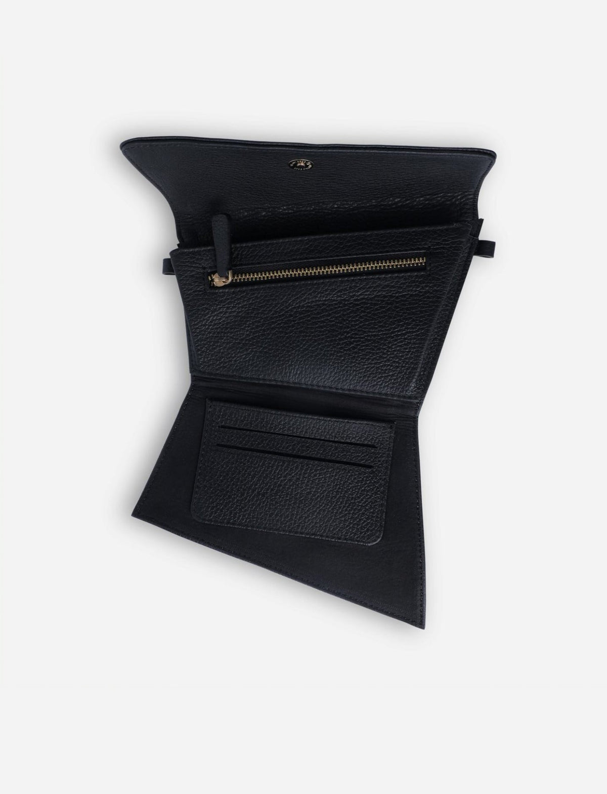 Open black leather wallet with zipper pocket and card slots on white background