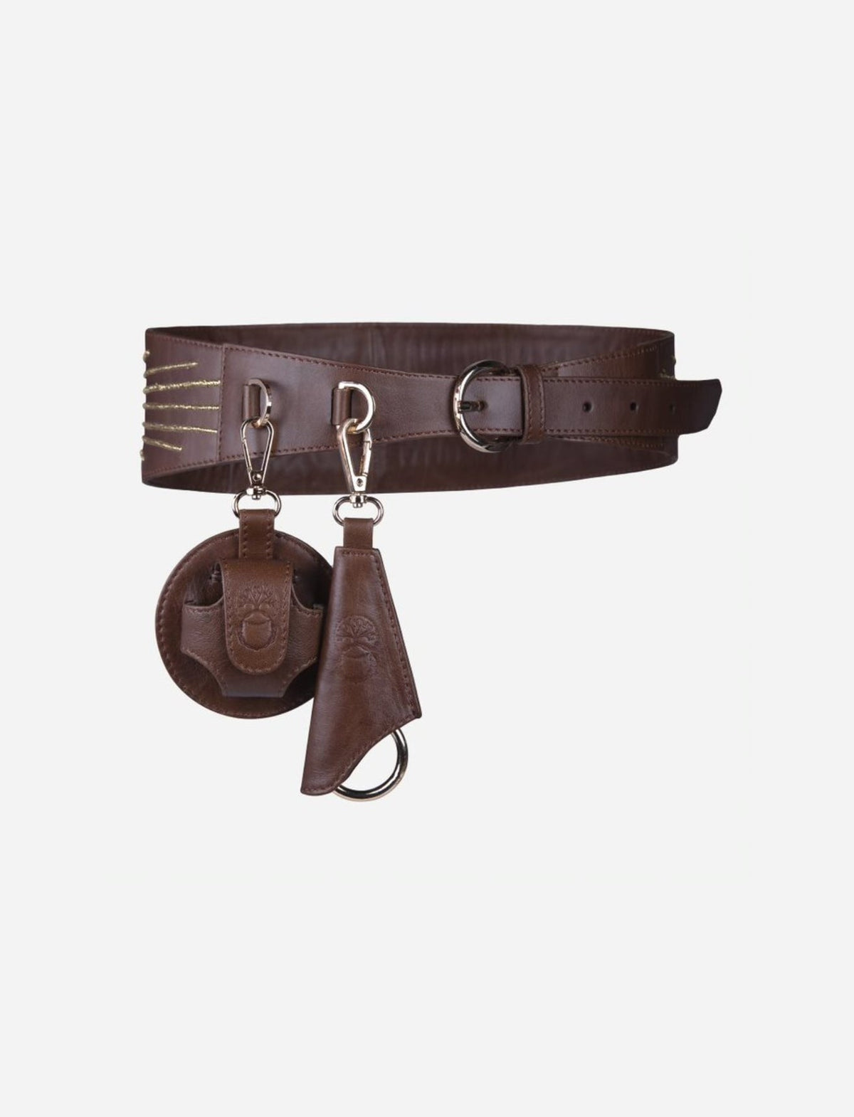 Timeless tan brown leather waistbelt with golden embroidery and attached leather pouches handcrafted in India
