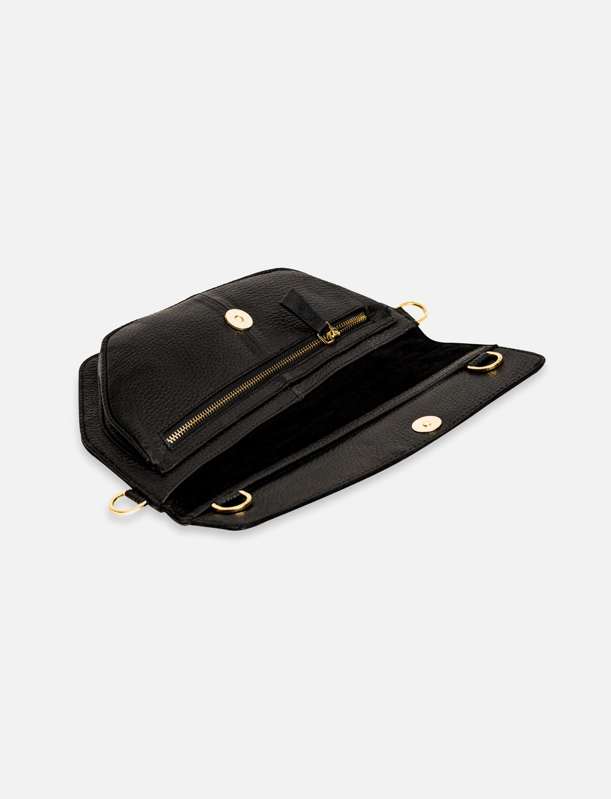 Open black leather wallet with gold zipper and magnetic snap closure on white background