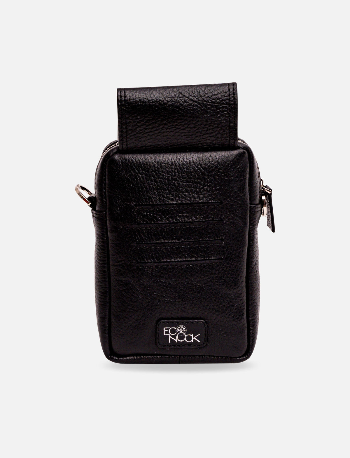 Black leather compact pouch with zipper and EcoNock logo on front against white background