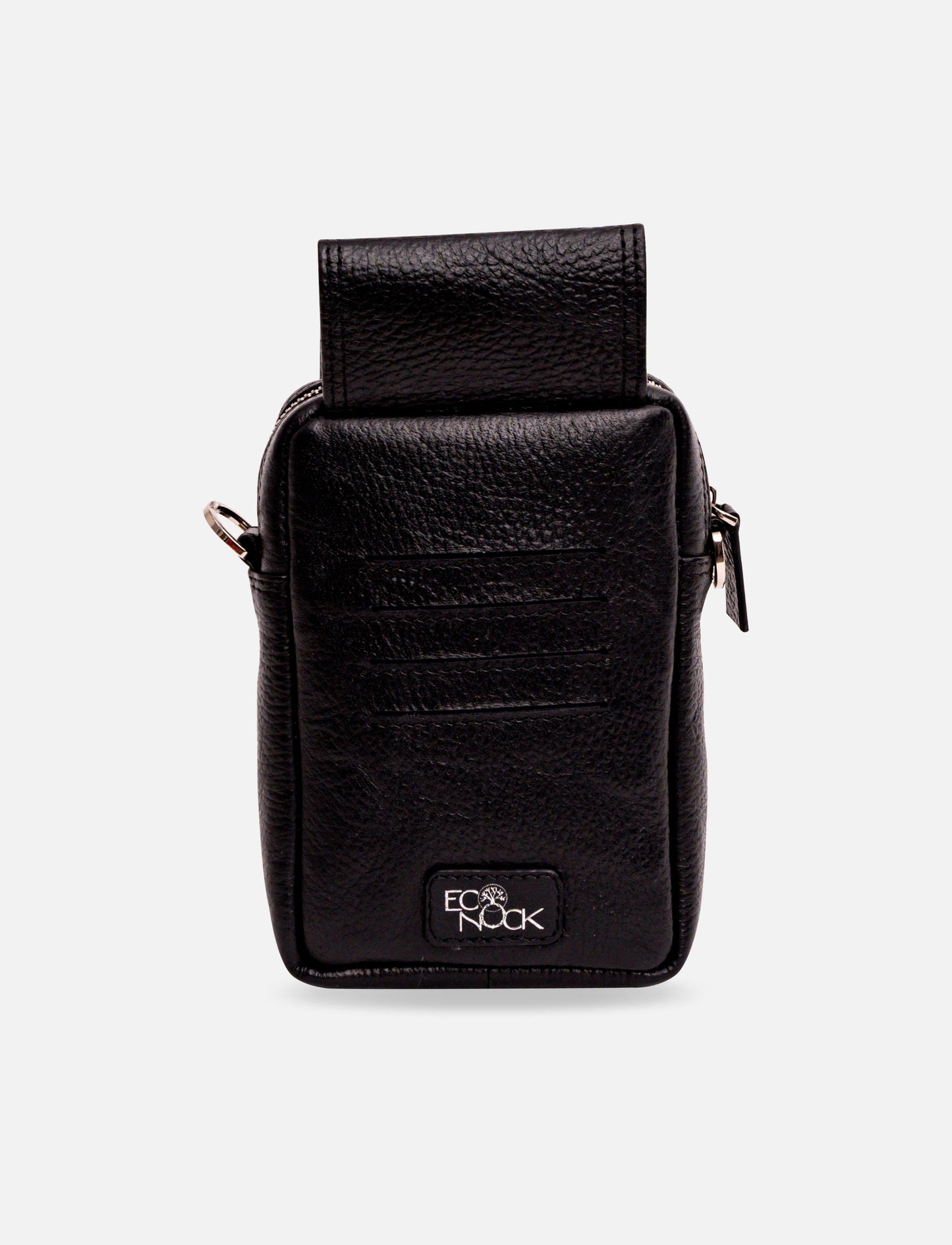 Black leather compact pouch with zipper and EcoNock logo on front against white background