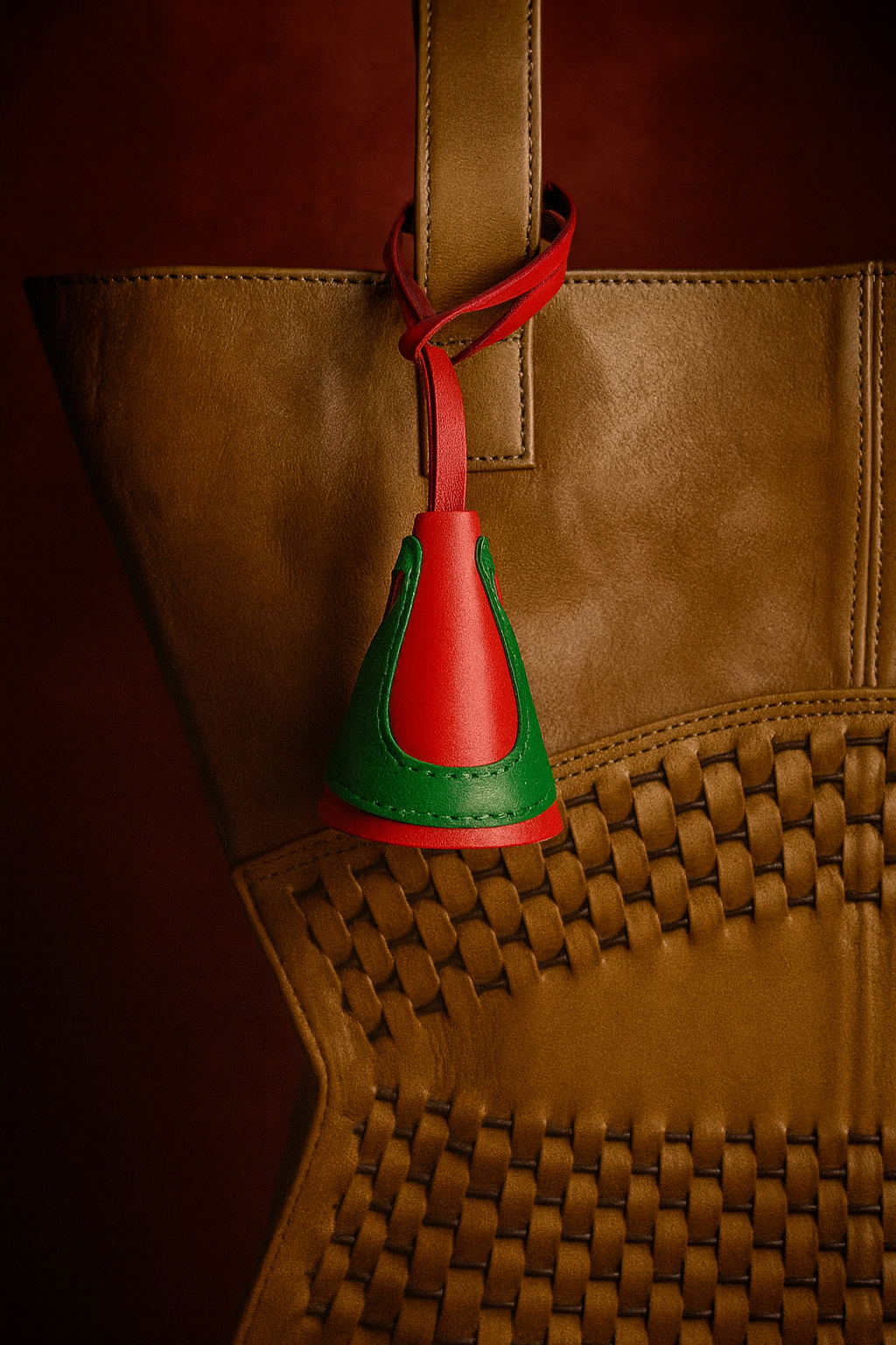 Brown leather bag with woven detail and red and green leather bell-shaped charm