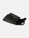 Black leather clutch purse with gold button closure and woven leather detail on white background