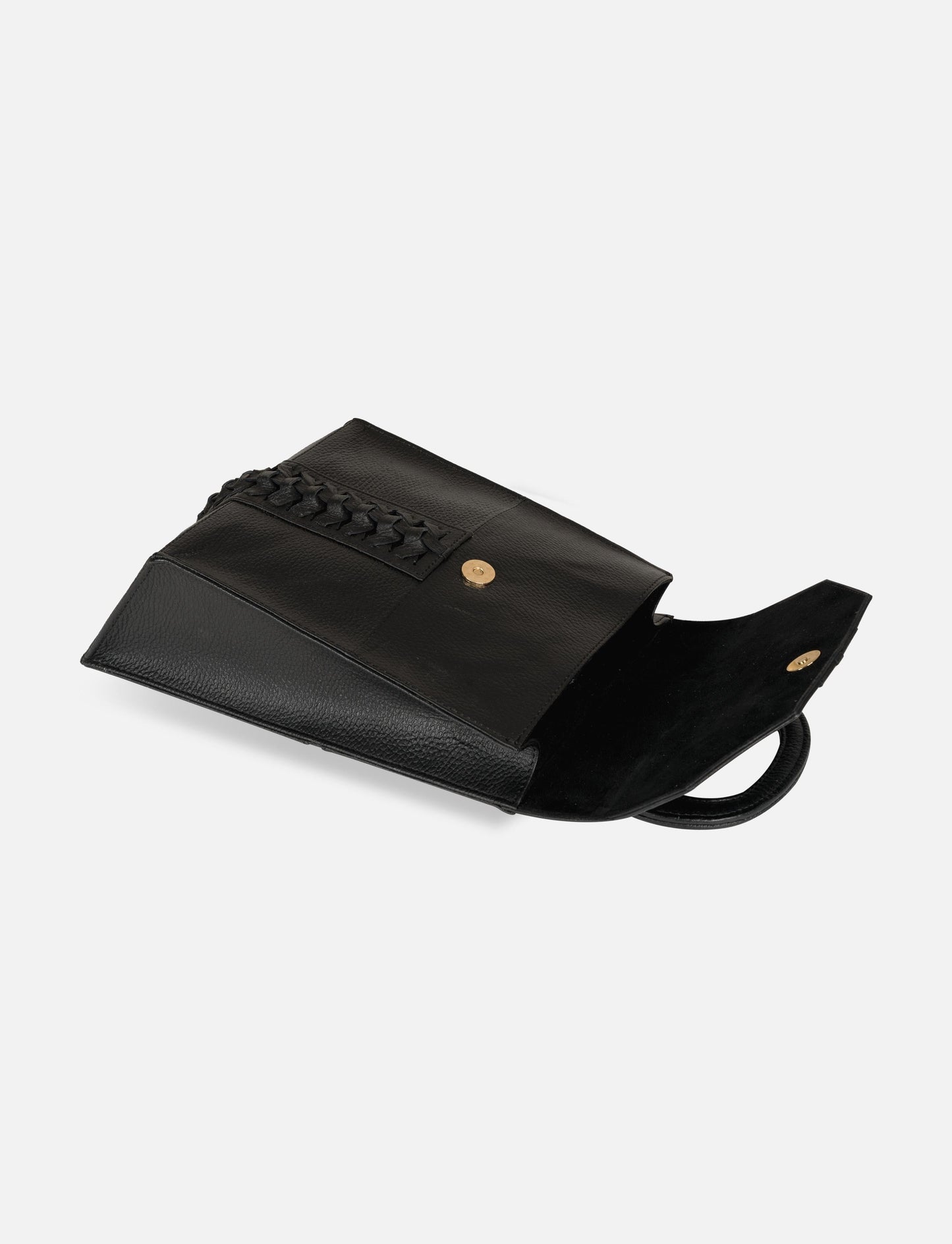 Black leather clutch purse with gold button closure and woven leather detail on white background