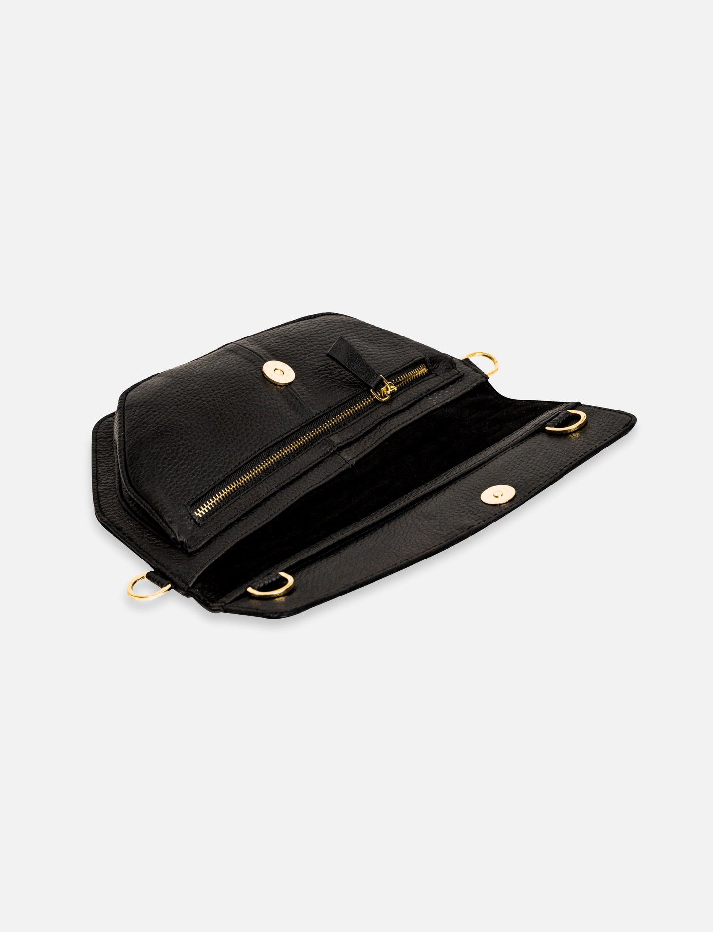 Open black leather wallet with gold zipper and snap buttons on white background