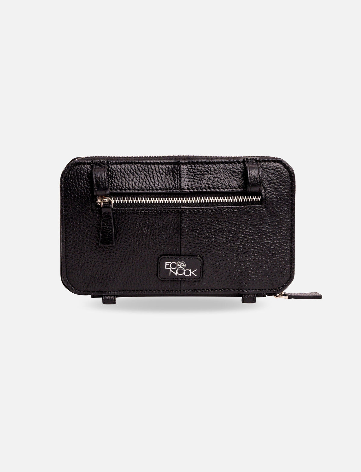 Black textured Ecocnock leather wallet with front zipper pocket and logo patch