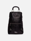 Black EcoNook leather backpack with front zipper pocket and top handle on white background