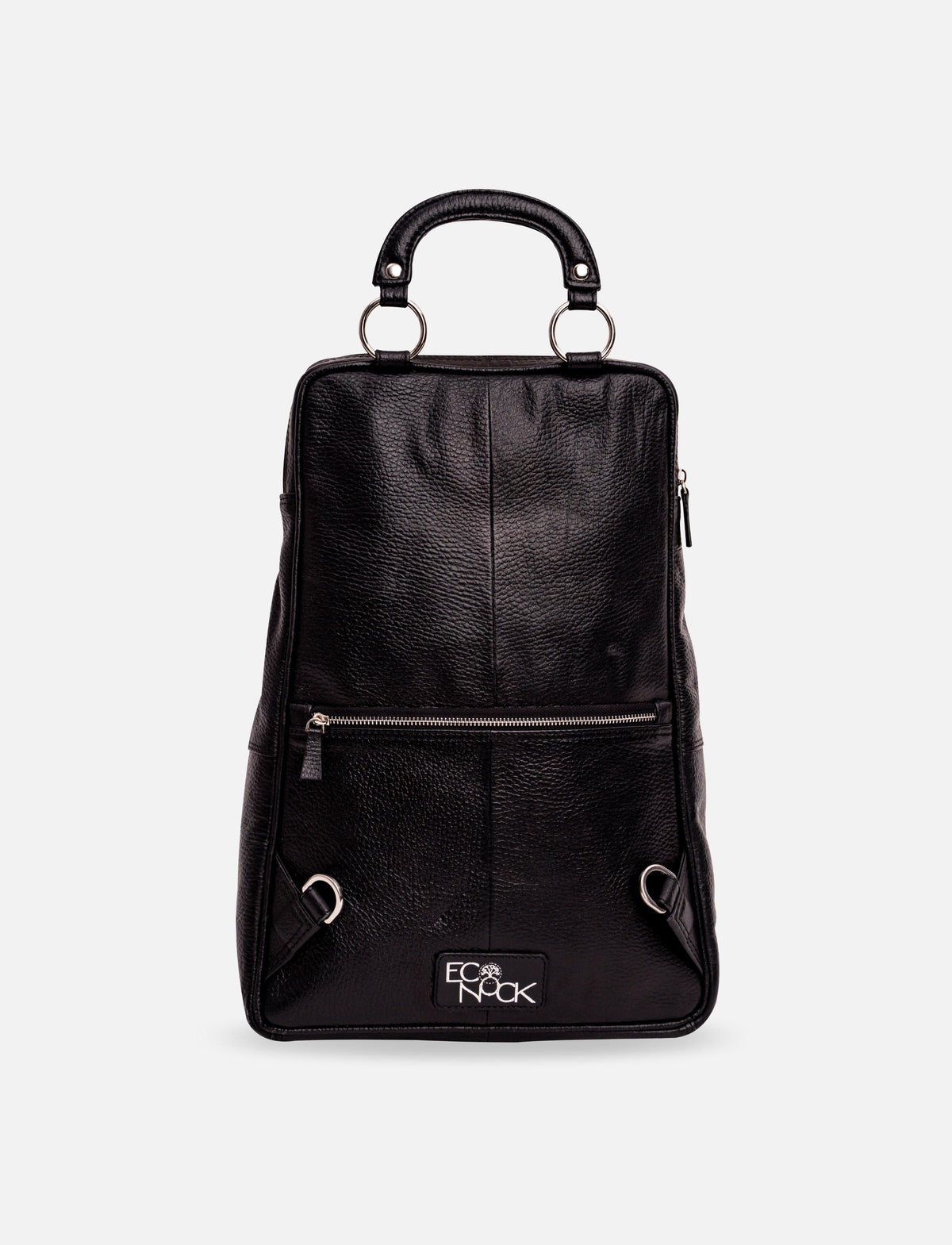 Black EcoNook leather backpack with front zipper pocket and top handle on white background