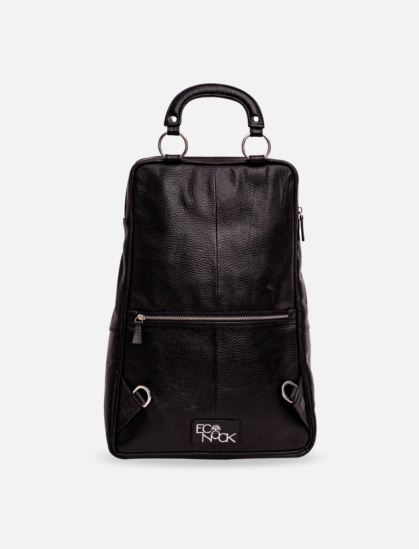 Black EcoNook leather backpack with front zipper pocket and top handle on white background