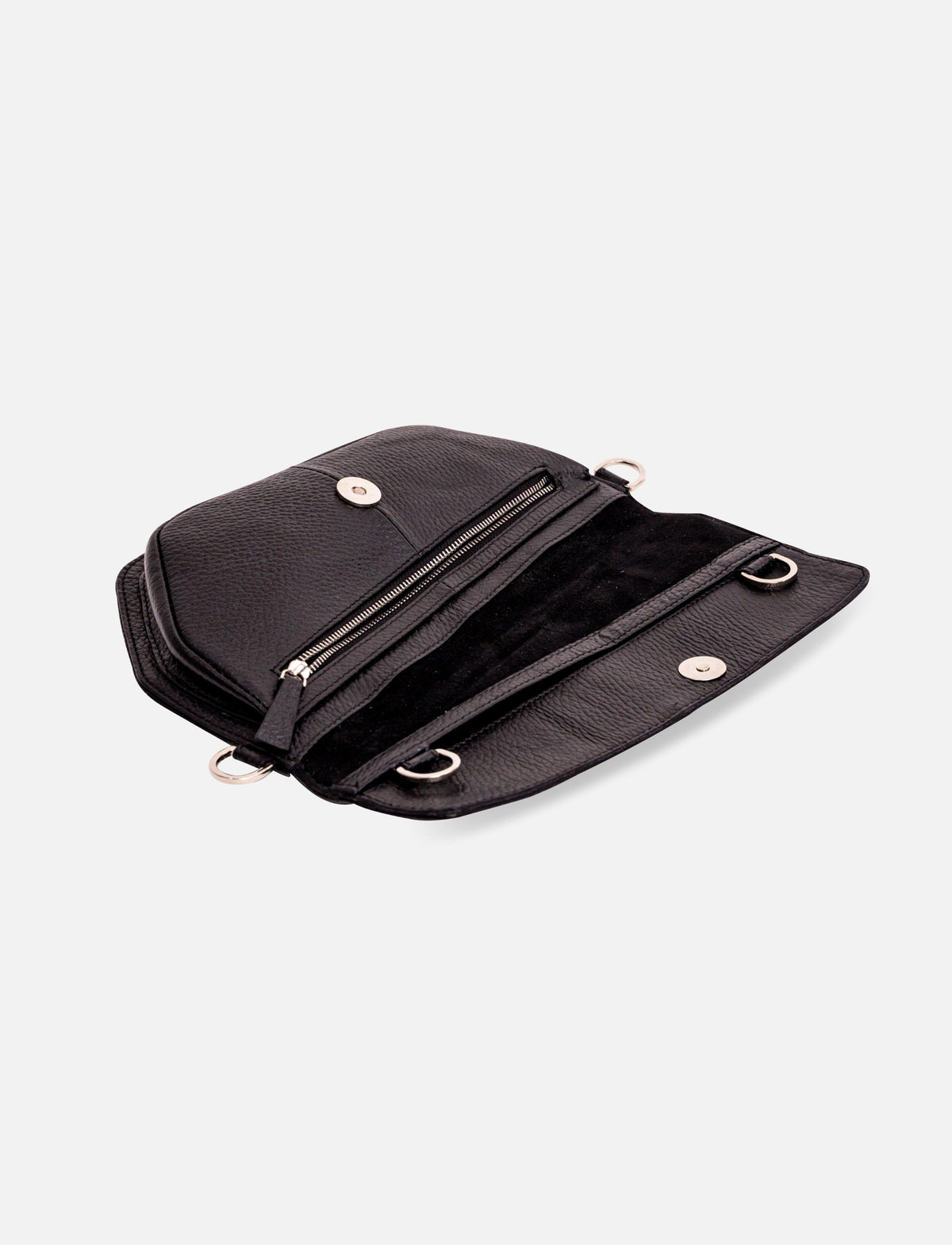 Open black leather crossbody bag with zipper pocket, snap buttons, and metal rings on white background