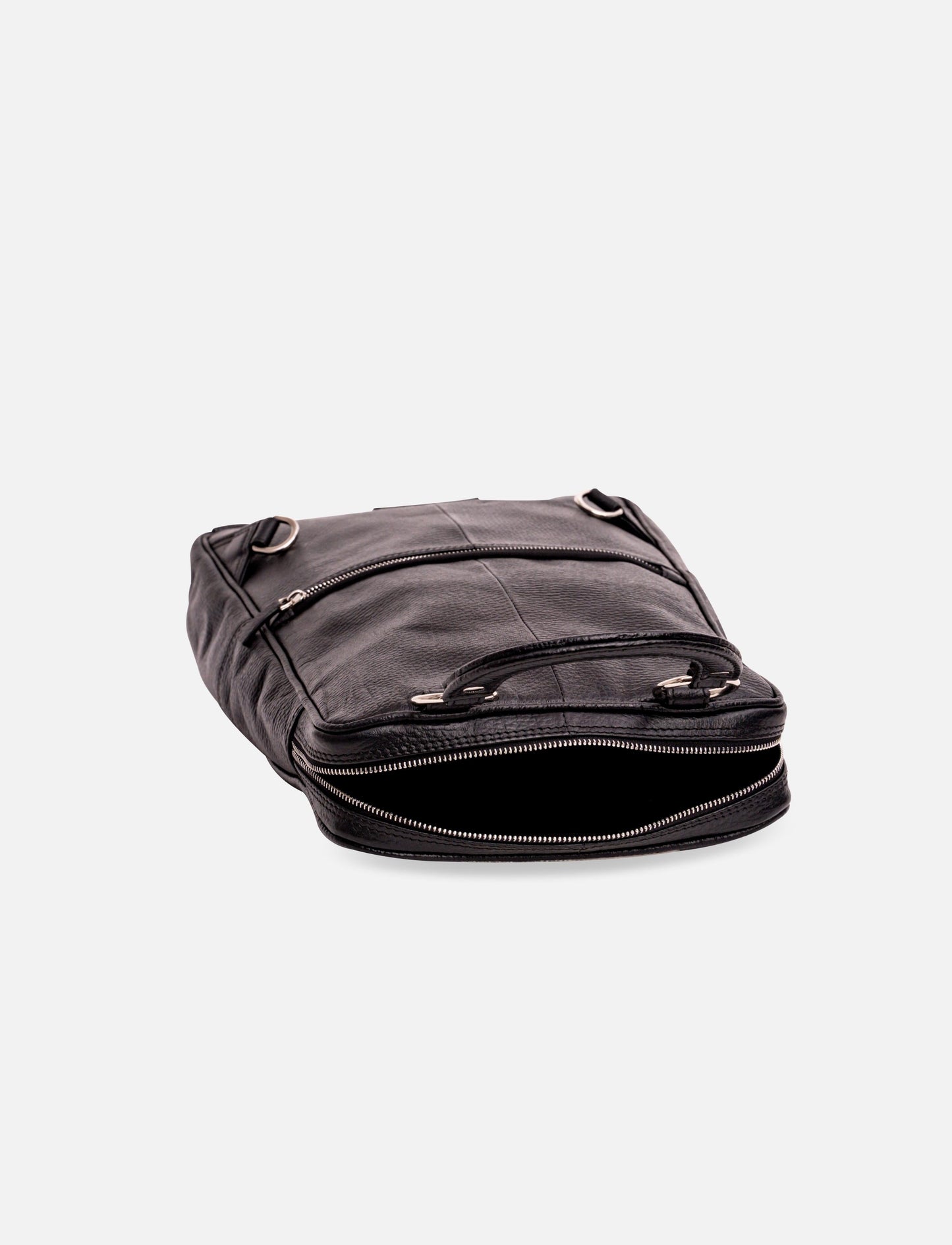 black leather slim briefcase with zipper and handle isolated on white background
