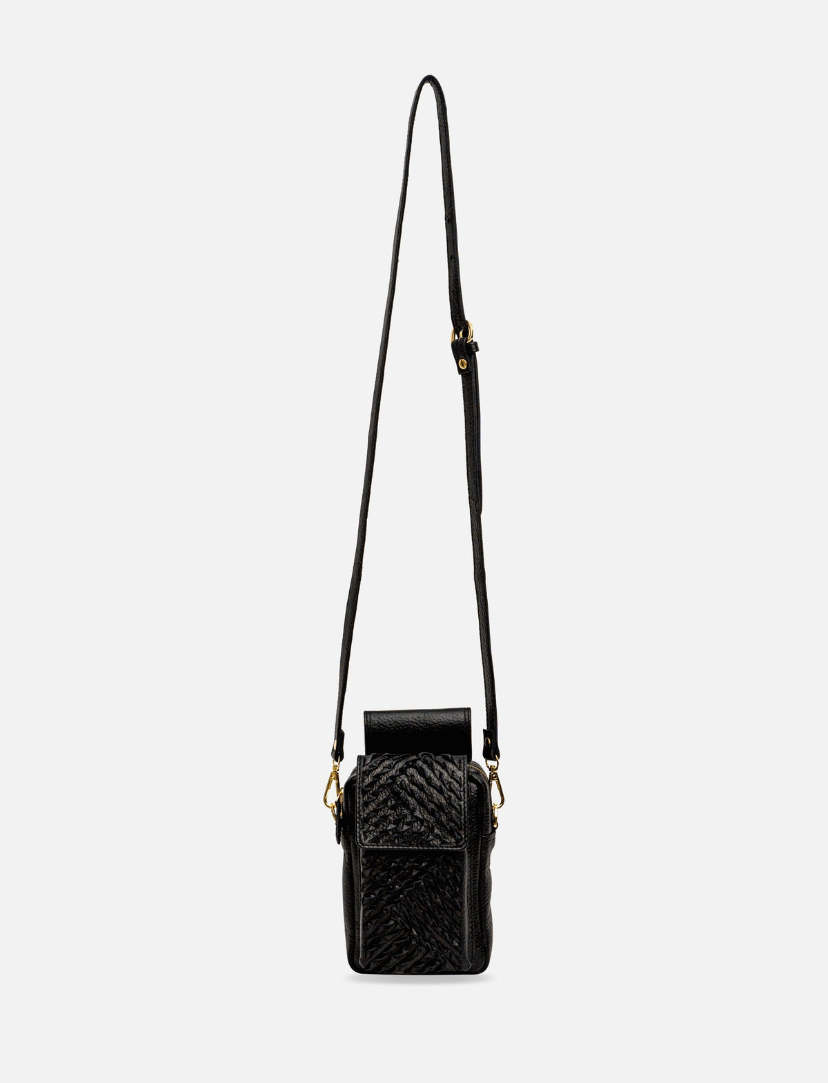Black textured leather crossbody bag with adjustable strap and gold hardware on white background