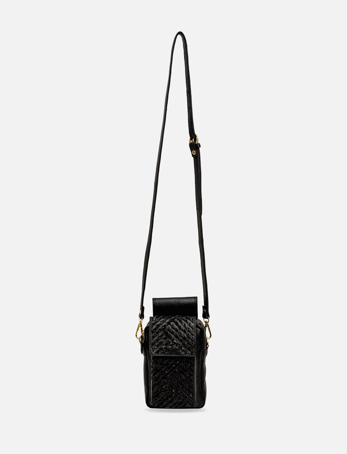 Black textured leather crossbody bag with adjustable strap and gold hardware on white background