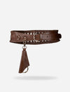 Tan upcycled leather waist belt with stitching details and detachable keychain on white background