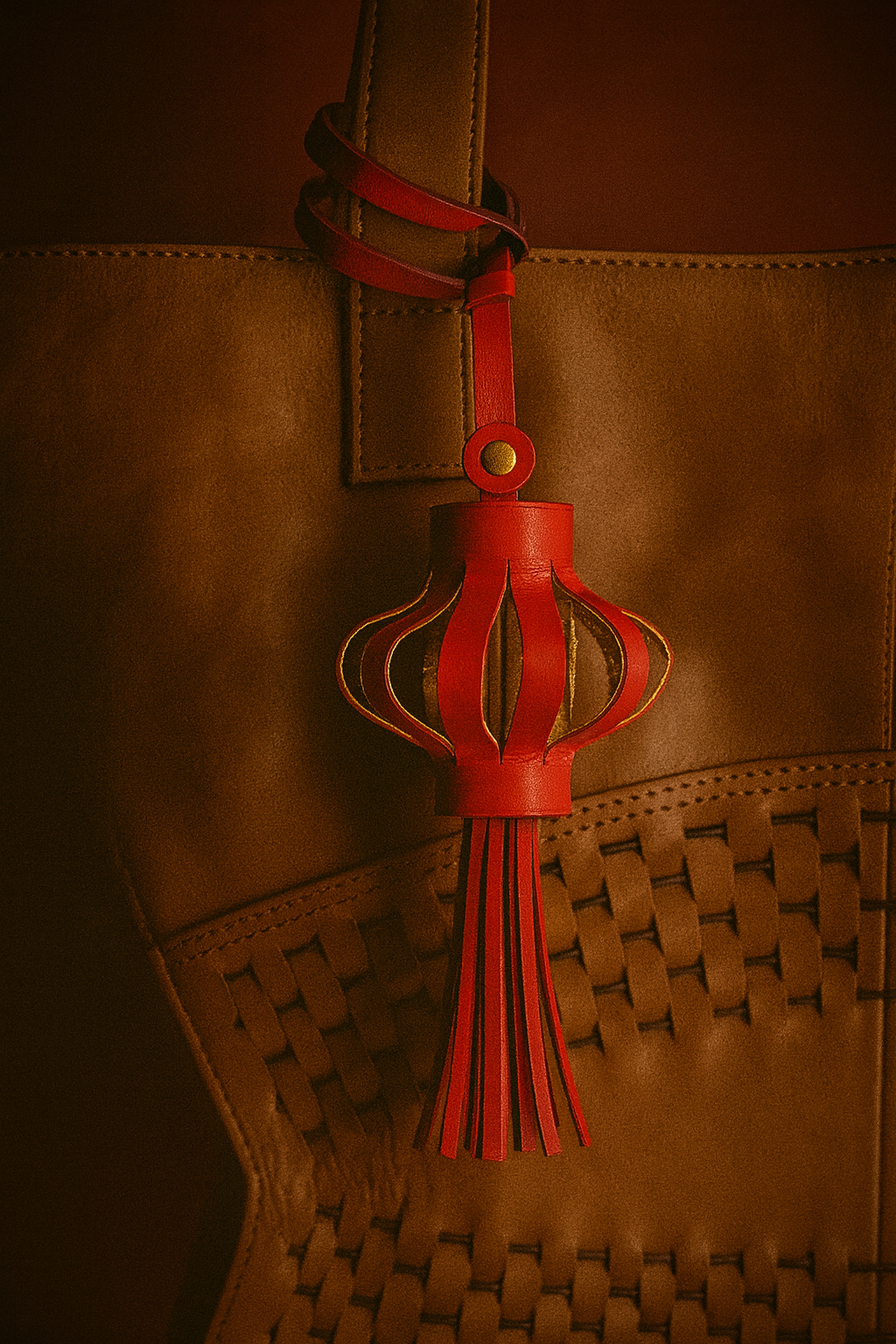 Brown woven leather bag with red leather lantern-shaped tassel accessory