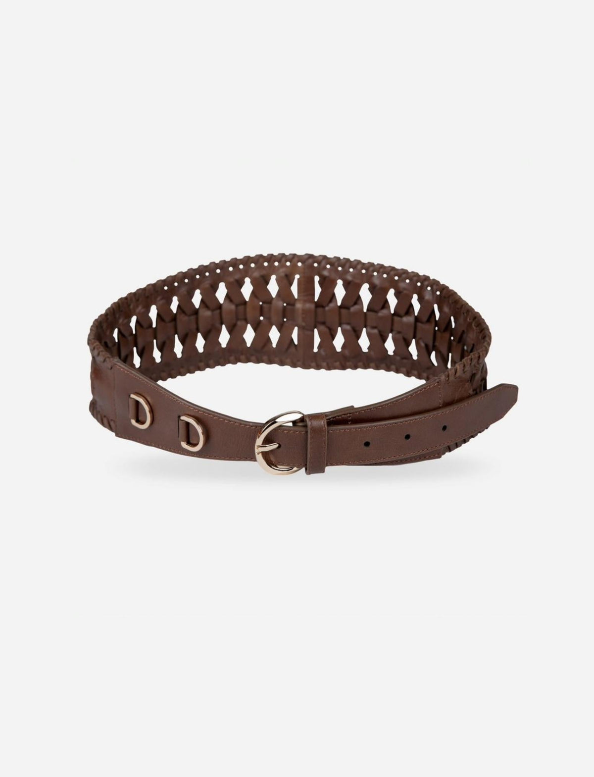 Tan brown handcrafted leather waist belt with woven design and silver buckle on white background