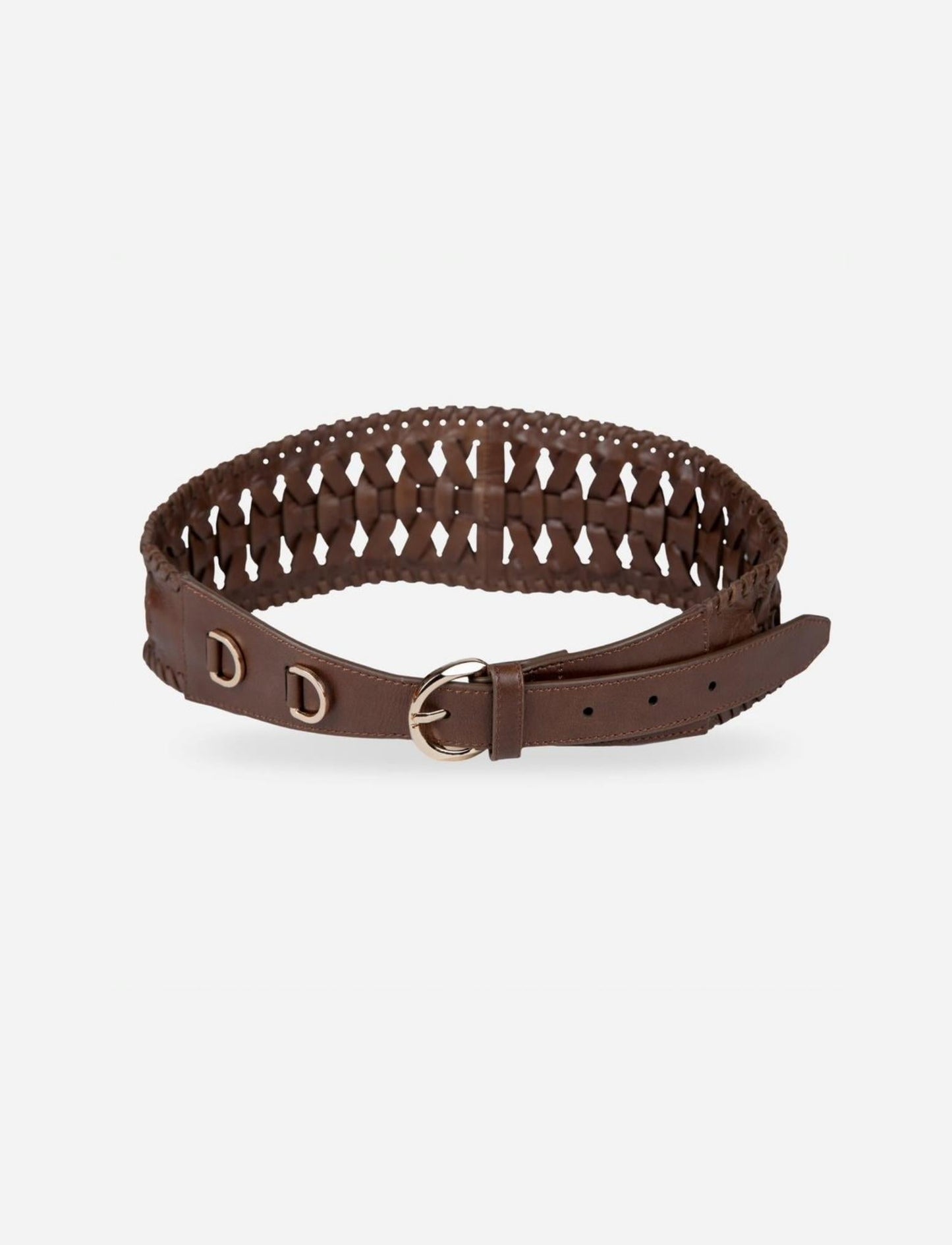 Tan brown handcrafted leather waist belt with woven design and silver buckle on white background