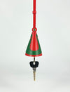 Red and green leather key holder with a hanging strap and a metal key attached