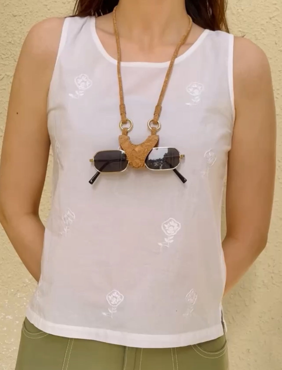 Designer Eyewear accessory Sunglass case holder Vegan Cork with lanyard worn on day event