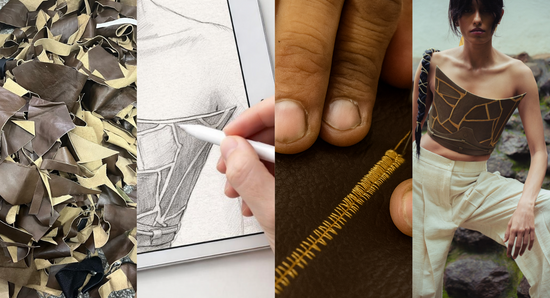 Collage of images including a textured material sample, a hand with a pen, a close-up of a foot, and a person wearing a crop top and pants.