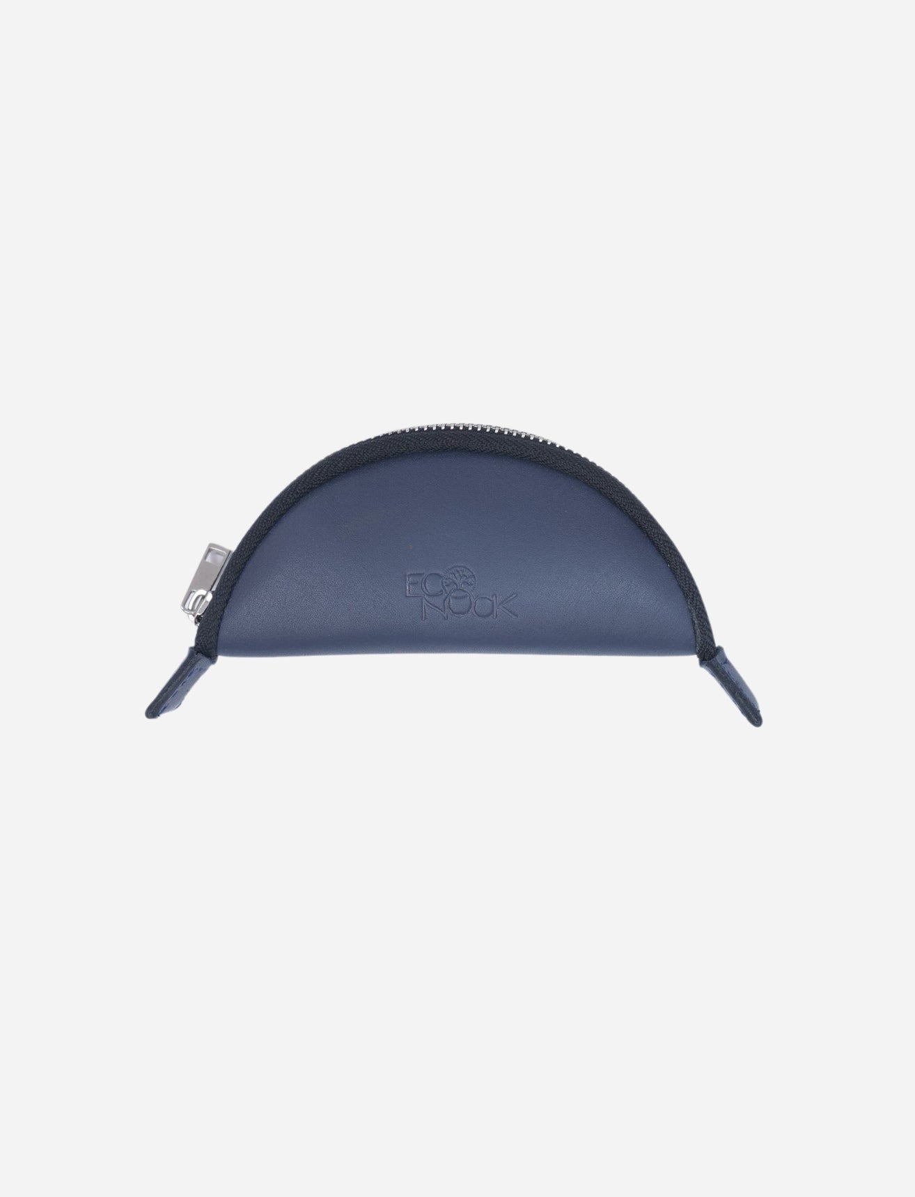 metallic blue half-moon leather pouch with zipper and EcoNook embossed logo on front