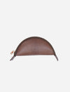 Half-moon shaped tan upcycled leather pouch with brown zipper and EcoRock embossed logo