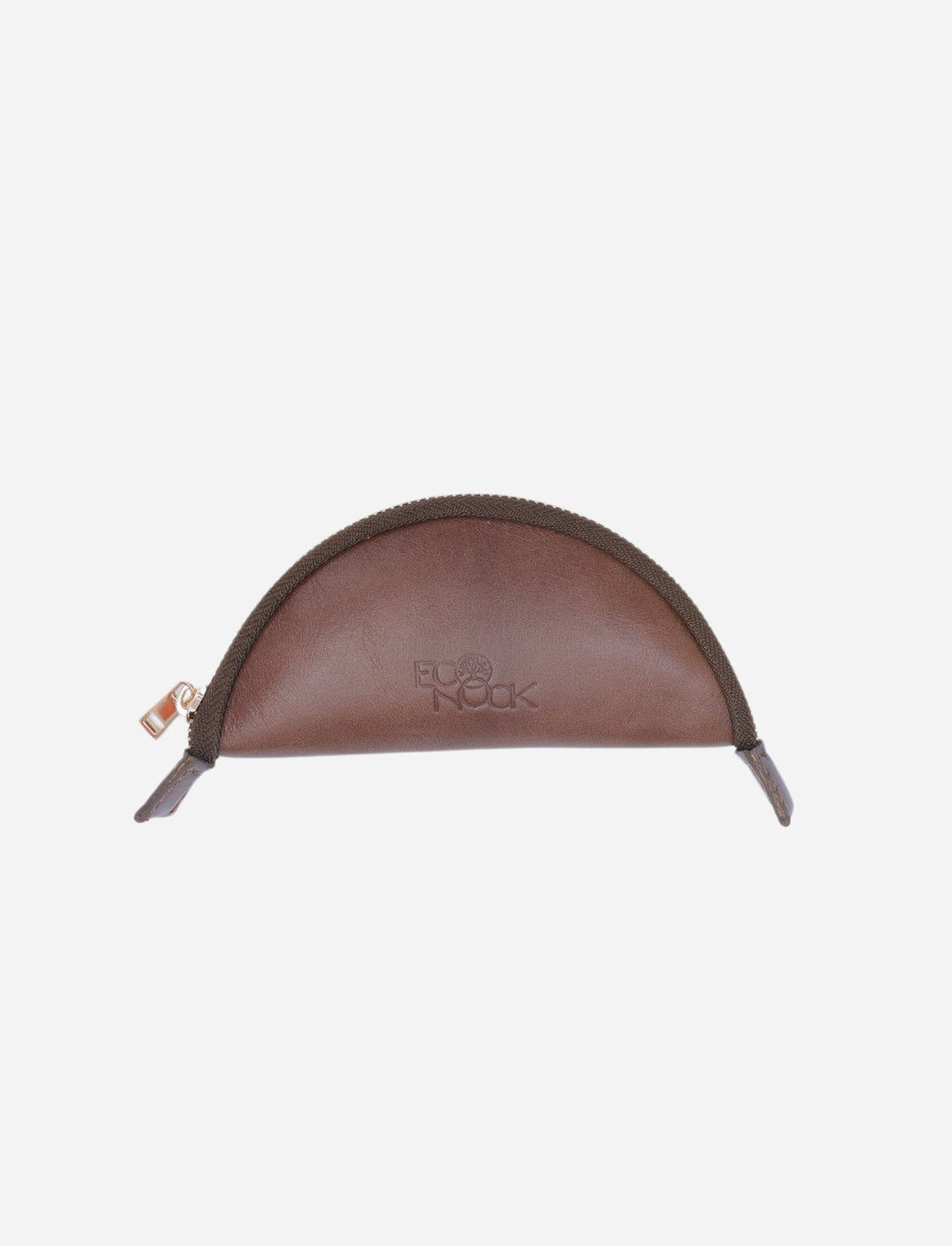 Half-moon shaped tan upcycled leather pouch with brown zipper and EcoRock embossed logo
