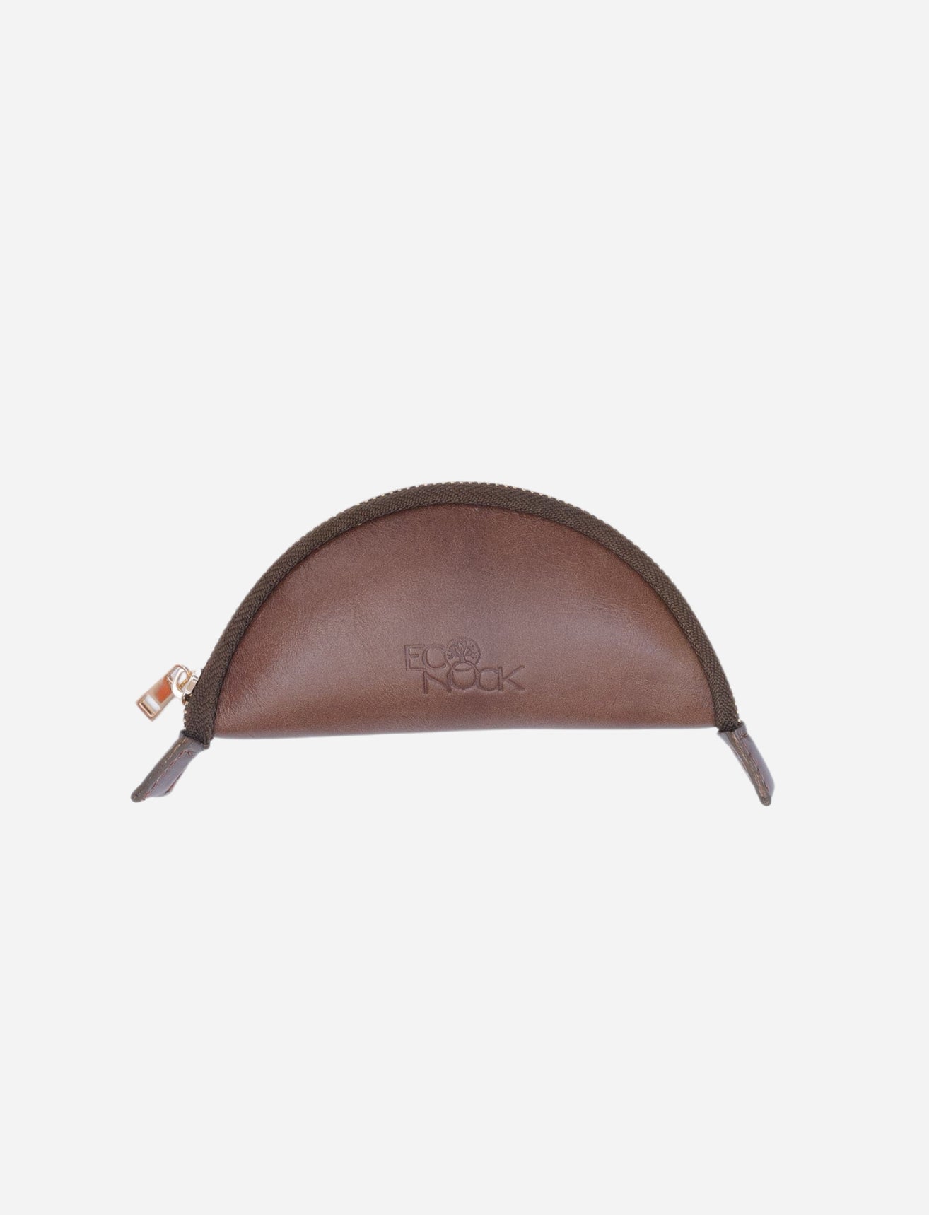 Half-moon shaped tan upcycled leather pouch with brown zipper and EcoRock embossed logo