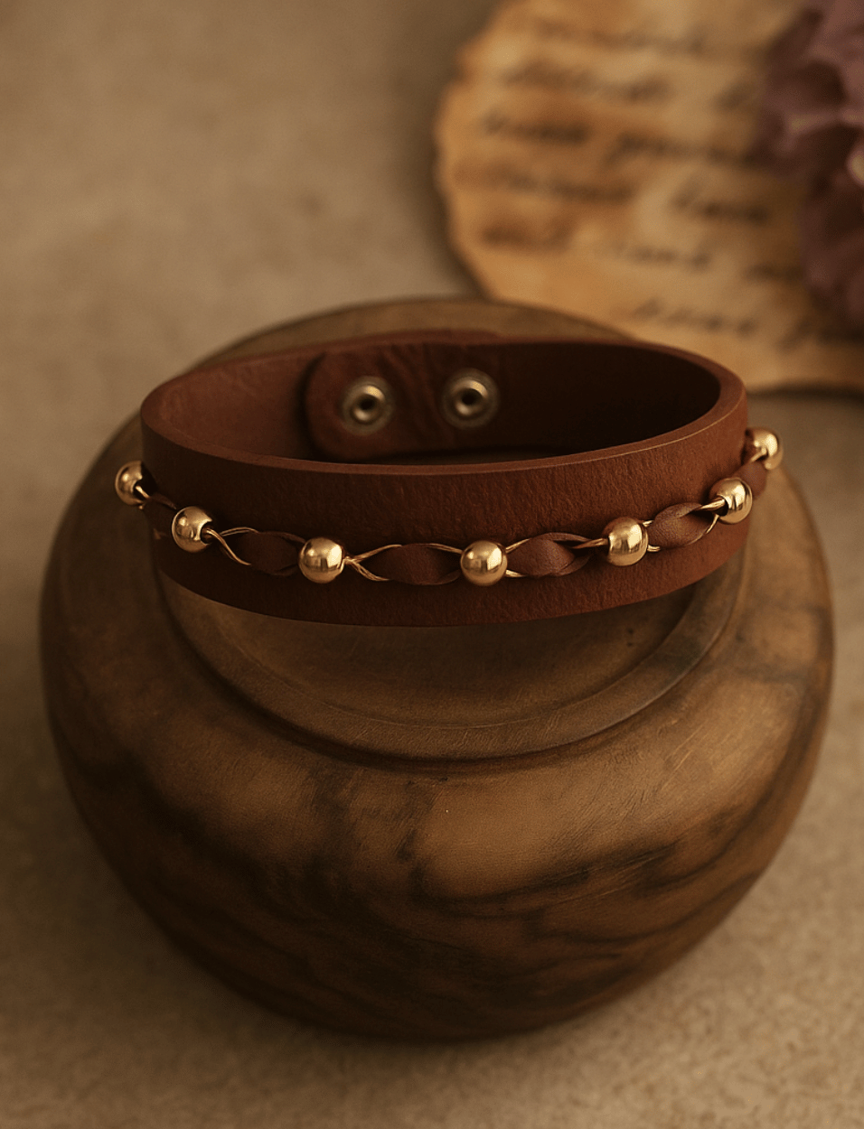 Brown leather bracelet with gold beads on wooden jar, vintage background