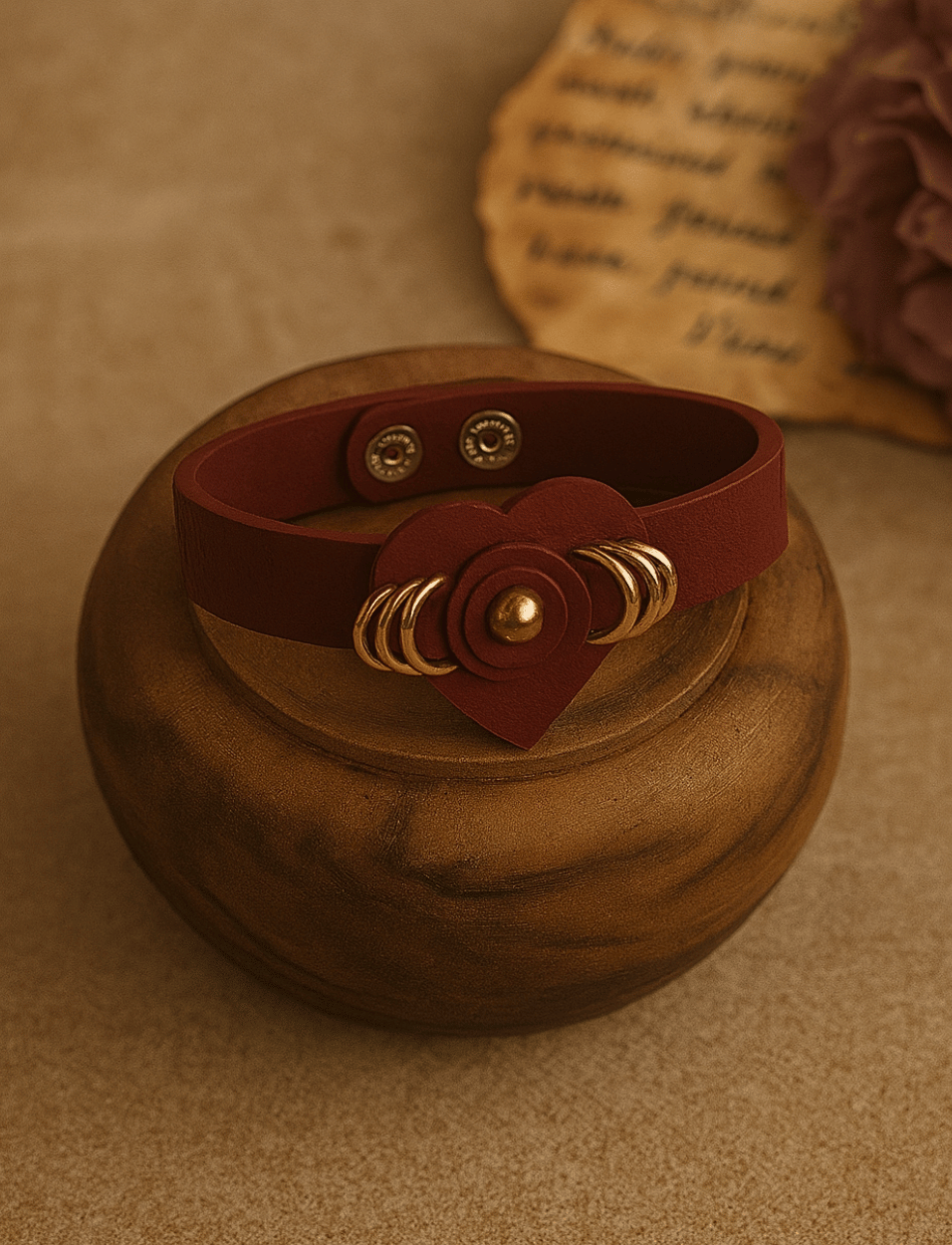 Brown leather bracelet with heart and gold rings on round wooden container