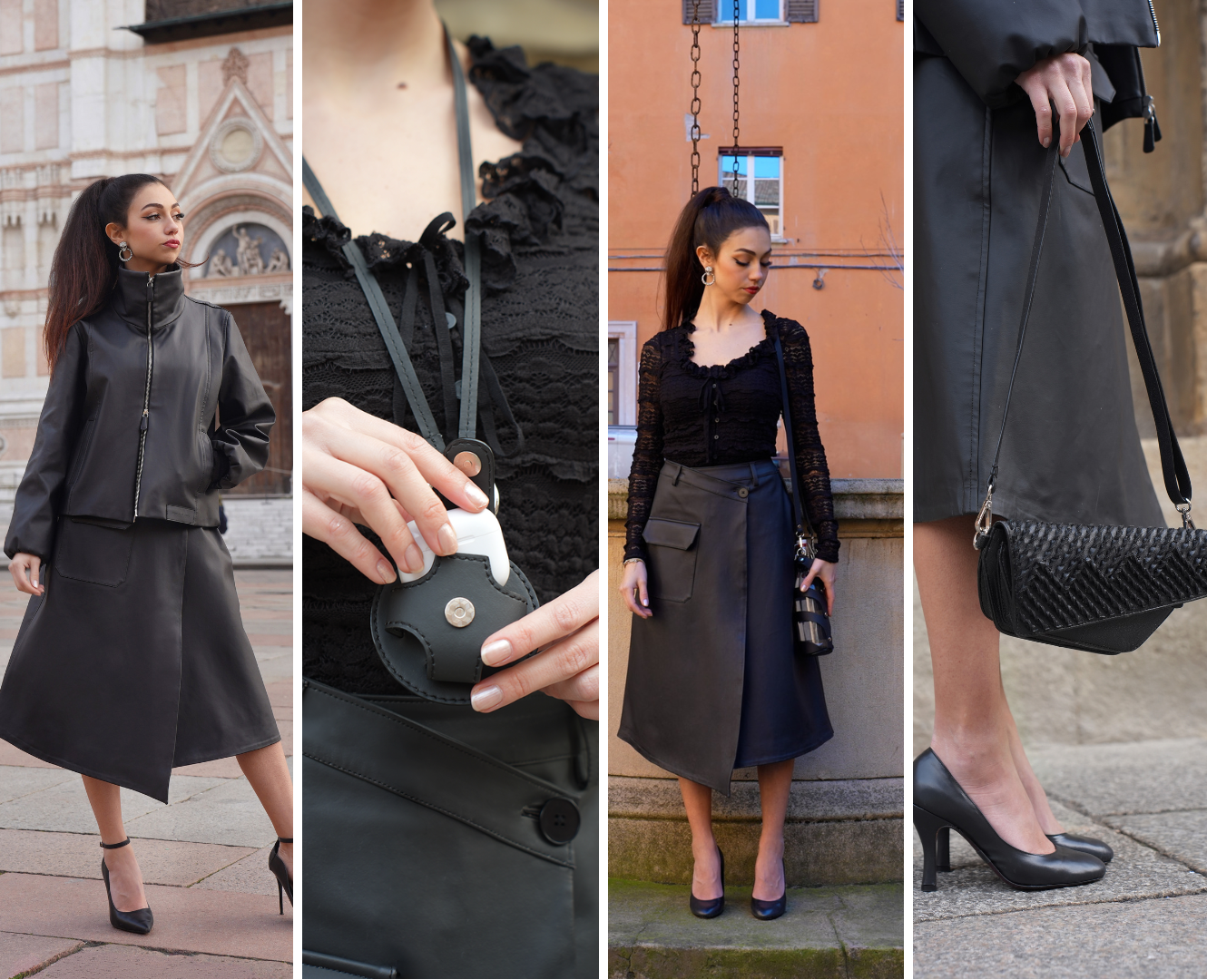 Collage of a woman in a black  cruelty free vegan leather in Milan, Italy on vacation outfit with a handbag, walking outdoors.